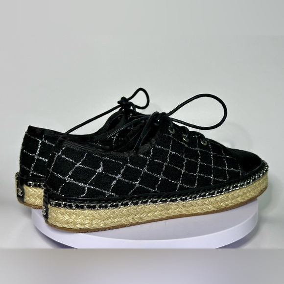 Chanel Black Quilted Lace-Up Espadrille Sneakers Size 38 Designer Luxury - Picture 11 of 13